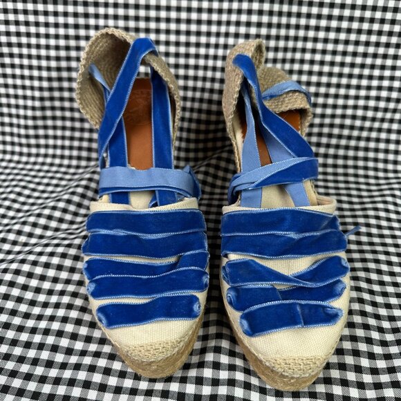 Penelope Chilvers High Valenciana Dali Espadrille Wedge Sandal Blue Velvet - Picture 2 of 7